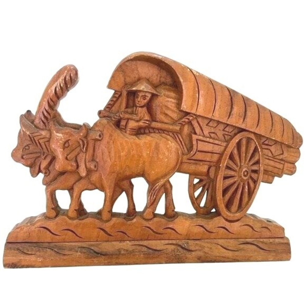 Vtg Artisan‎ Handcrafted Bullock Cart Oxen Rider Carving Wood Figurine Folk Art